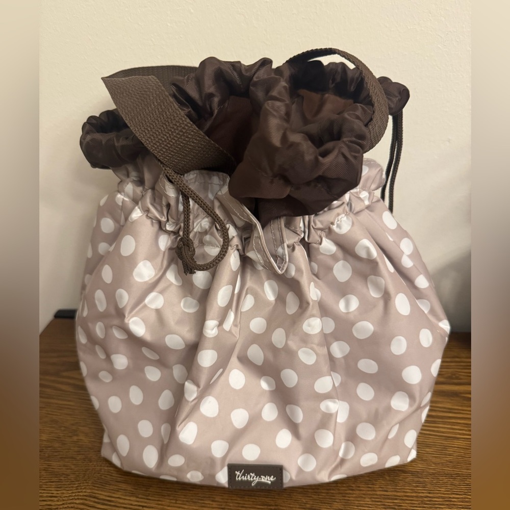 Thirty-One Cinch It Up Thermal Tote - Taupe/Brown Polka Dot EUC - Picture 2 of 6